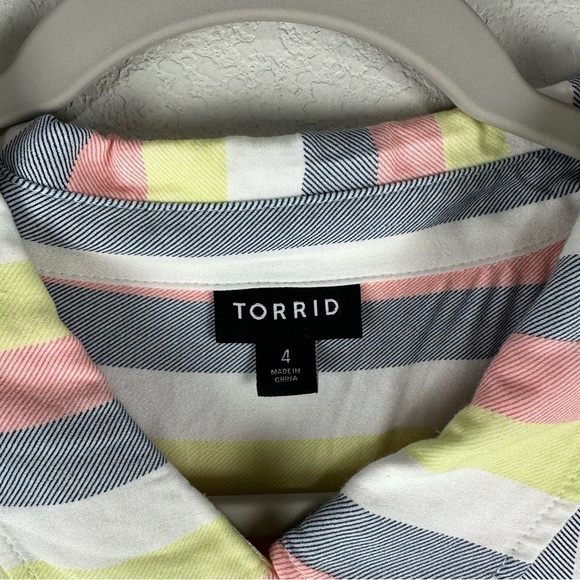 Torrid Yellow Pink Gray Striped Lizzie Button Up Long Sleeve Top Size 4X - Picture 5 of 7